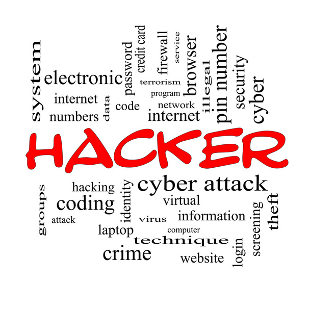 hacker woord wolk concept in rode hoofdletters - Foto, afbeelding
