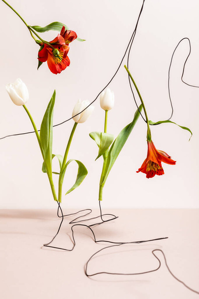 floral composition with white tulips and red Alstroemeria on wires isolated on beige - 写真・画像