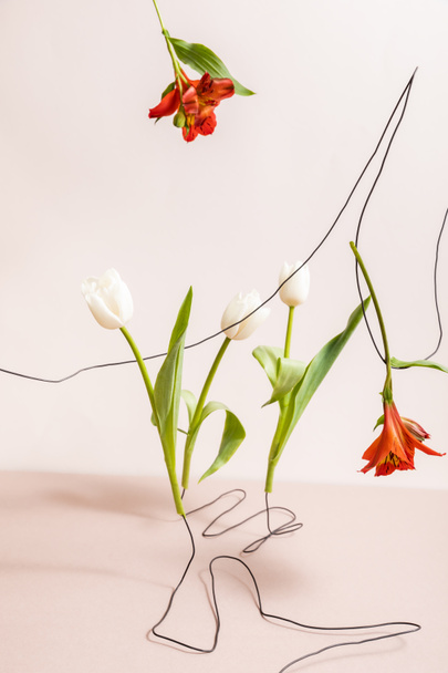 floral composition with white tulips and red Alstroemeria on wires isolated on beige - Photo, Image