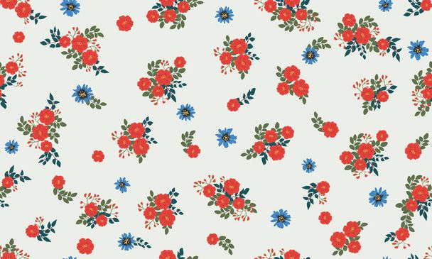 Seamless folk pattern in small wild flowers. Country style millefleurs. Floral meadow background for textile, wallpaper, pattern fills, covers, surface, print, gift wrap, scrapbooking, decoupage. - Wektor, obraz