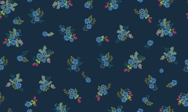 Seamless folk pattern in small wild flowers. Country style millefleurs. Floral meadow background for textile, wallpaper, pattern fills, covers, surface, print, gift wrap, scrapbooking, decoupage. - Vettoriali, immagini
