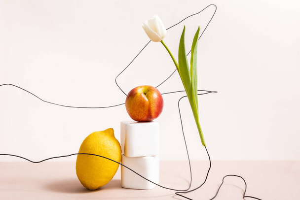 fruit and floral composition with tulip on wires and lemon with apple on cubes isolated on beige - Photo, Image