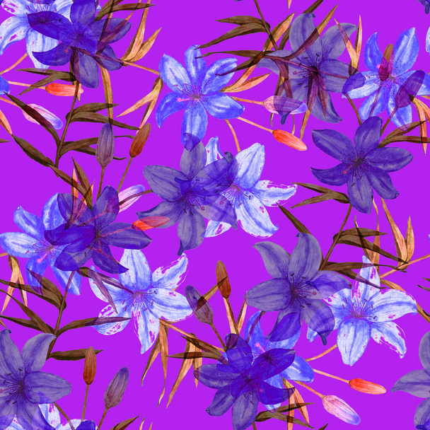Watercolor seamless pattern with lily flowers. Botanic Lily Flower Print. Floral fashion art. - Fotó, kép