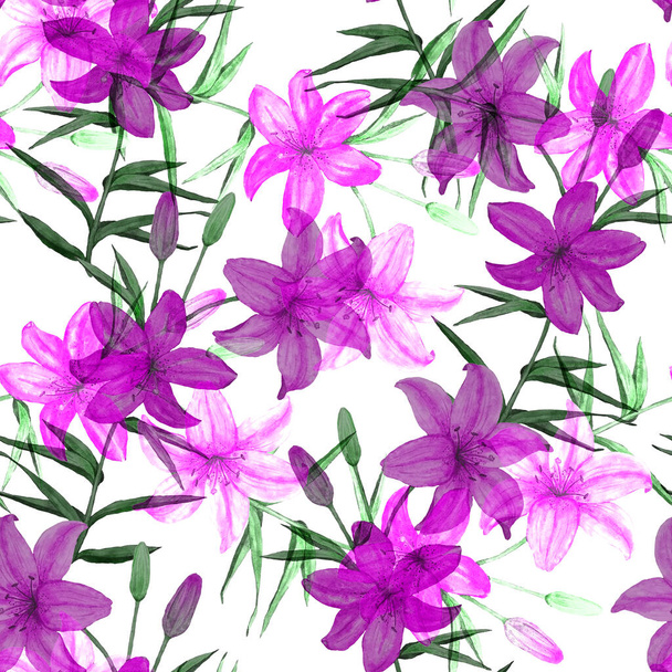 Watercolor seamless pattern with lily flowers. Botanic Lily Flower Print. Floral fashion art. - 写真・画像