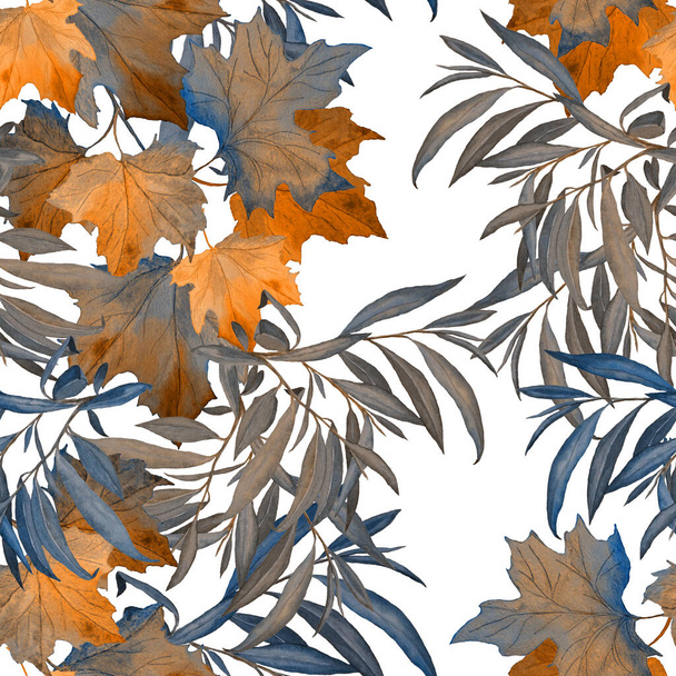 Krásný bezešvý vzor s akvarelem padající listí. Krásný přírodní podzimní tisk. Barevné kreslení rukou ilustrace. - Fotografie, Obrázek
