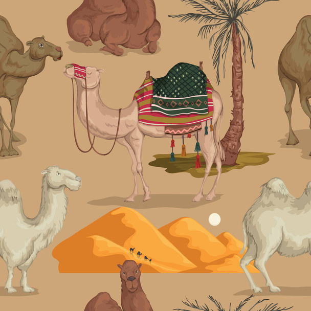 Απρόσκοπτη μοτίβο με καμήλες σε διαφορετικές στάσεις, αμμόλοφος της ερήμου και φοίνικα. Εικονογράφηση διανύσματος - Διάνυσμα, εικόνα