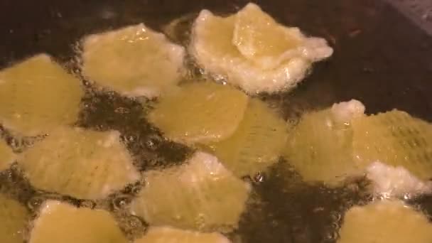 Sequentie van friet wordt gebakken in verwarmde olie in zwarte pan en roeren ze. - Video