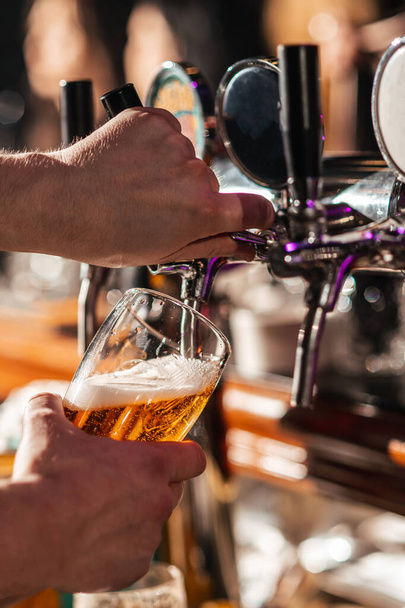 Hand of bartender pouring a large lager beer in tap. - Fotoğraf, Görsel