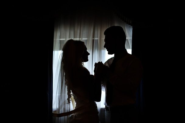 siluety nevěsty a ženicha na pozadí okna - Fotografie, Obrázek