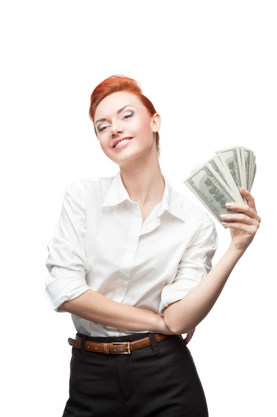 admiring business woman holding money - Photo, image