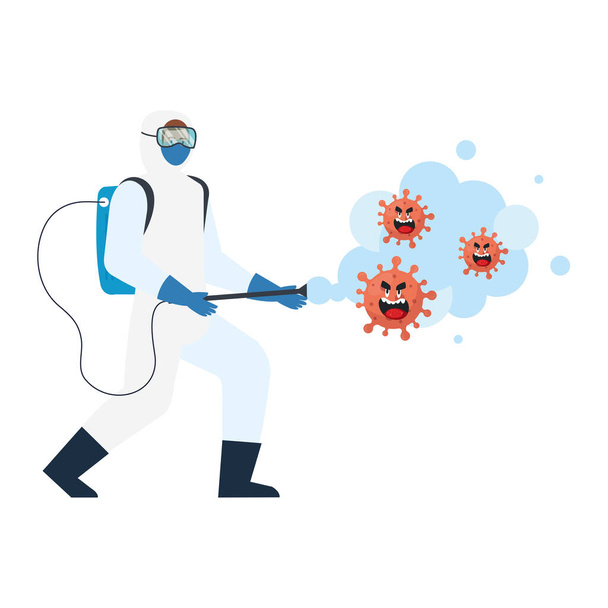 Mann mit Schutzanzug sprüht Covid 19 Virus-Cartoons Vektor-Design - Vektor, Bild