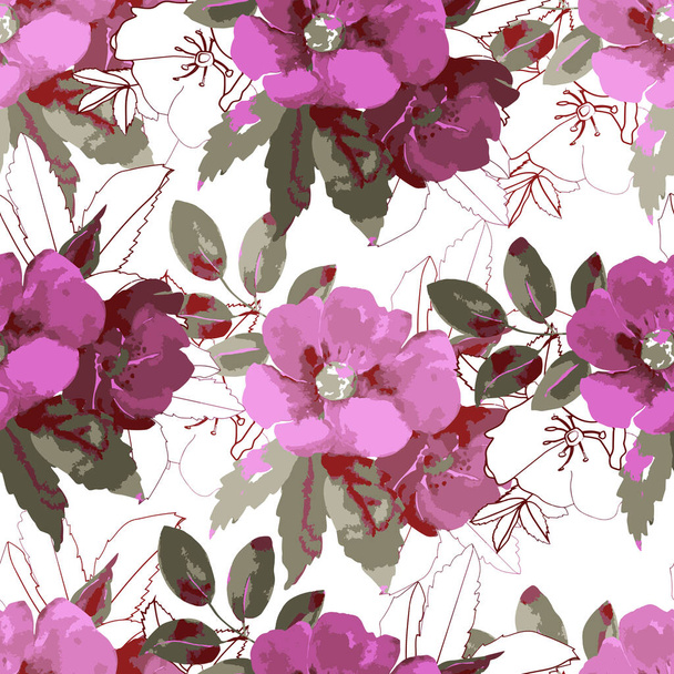 Ilustración en acuarela de una rama de rosa mosqueta.Imagen sobre fondo blanco y color.Patrón sin costuras
. - Foto, imagen