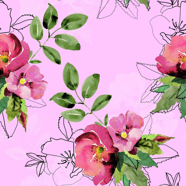 Aquarel illustratie van een rozenbottel tak.Afbeelding op wit en kleur achtergrond.Naadloos patroon. - Foto, afbeelding