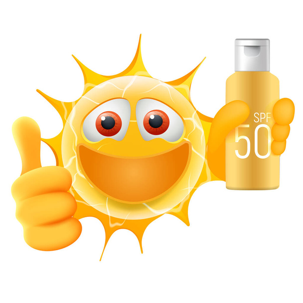 Buona estate Sun Emoticon. Happy Sun Emoji con pollice in su e bottiglia di crema solare in mano. Illustrazione dell'ora legale. Isolato su sfondo bianco
. - Foto, immagini