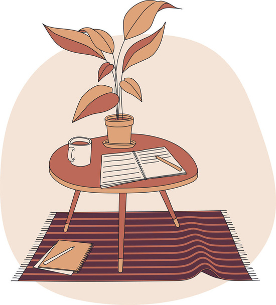 自宅で勉強する場所の手描きイラスト。マグカップとコーヒーテーブル、植物やいくつかのノートブックの周りに横たわって、小さなカーペットの上に立っている。カラフルな秋の色。ベクトルフラットスタイルイラスト - ベクター画像