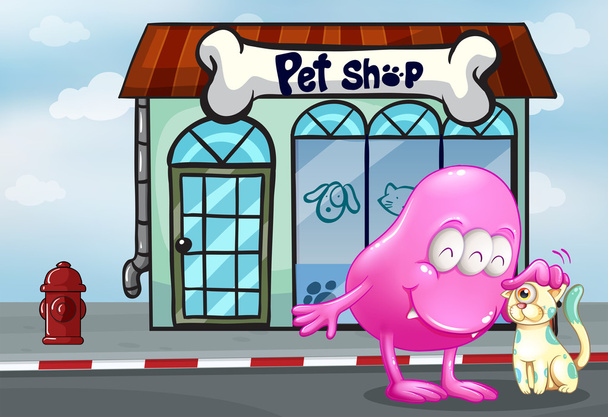 Un monstruo gorro rosa y una mascota frente a la tienda de mascotas
 - Vector, imagen