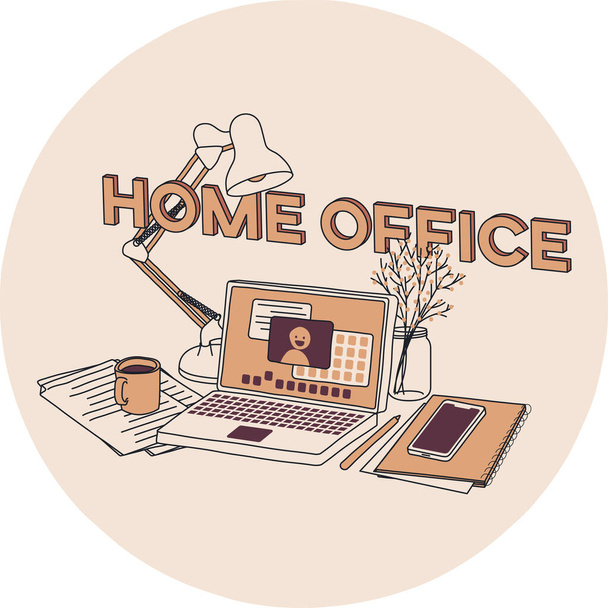 Illustration of stuff necessary to work from home - a laptop computer, smartphone, lamp, some notes and coffee. Cozy freelancer home office. A simple cartoon style vector - Vektor, kép