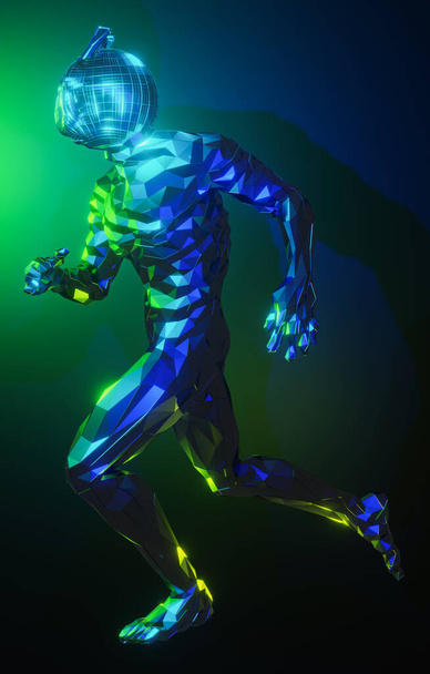 Robô de metal poligonal baixo rodando em fundo azul e verde. Tecnologia, futuro, conceito de velocidade. Ilustração 3D
 - Foto, Imagem