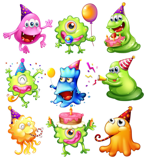 Monstros felizes comemorando um aniversário
 - Vetor, Imagem