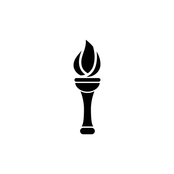 Пылающий факел, олимпийский церемониальный огонь. Плоская векторная икона. Простой черный символ на белом фоне. Пламенный факел, дизайн знака Олимпийского огня искушают веб и мобильный элемент пользовательского интерфейса
 - Вектор,изображение