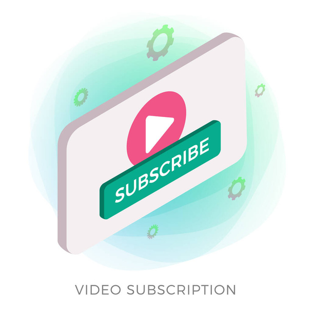Video subscription isometric vector icon concept for video blog, webinars, online lessons, vlog. Modern video player icon with play button for followers to subscribe the channel isolated on white - Vector, Image