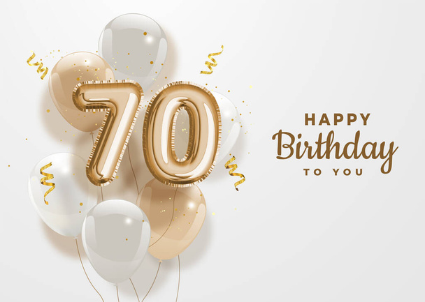Buon 70esimo compleanno oro lamina palloncino saluto sfondo. 70 anni anniversario logo modello 70th celebrazione con coriandoli. Stock vettoriale. - Vettoriali, immagini
