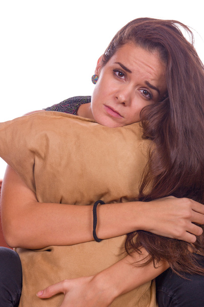 worried girl hugging pillow - Foto, imagen