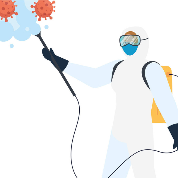 Man with protective suit spraying covid 19 virus vector design - Vector, Image