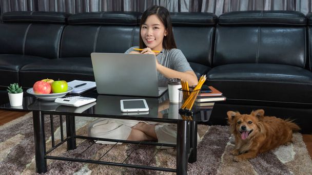 gyönyörű fiatal ázsiai nő dolgozik távolról otthonról és mosolyog, miközben hazudik, jó kapcsolatai vannak egy vicces asszisztens kutya kisállat, otthoni munka háziállat koncepció - Fotó, kép