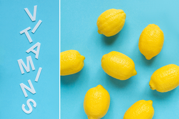 top view of ripe yellow lemons and word vitamins on blue background, collage - Фото, изображение