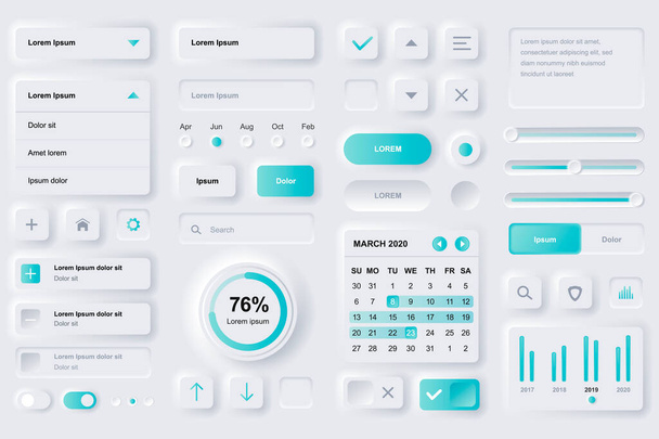 User interface elements for finance mobile app. Financial analytics, time management and planning gui templates. Unique neumorphic ui ux design kit. Manage, navigation, search form and components. - Vector, Image