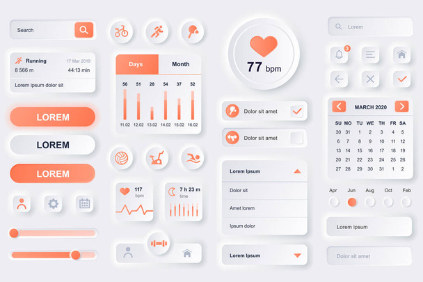 User interface elements for fitness workout mobile app. Fitness tracker, sport activity planner, heart rate monitor gui templates. Unique neumorphic ui ux design kit. Manage and navigation components. - Vector, Image