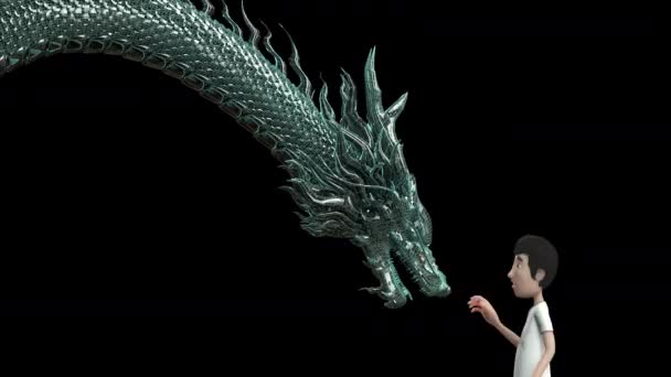 3D animasyon. Gözlük takan adam sanal gerçeklik takıyor ve Çin ejderhasının dijital kablosuna dokunuyor. Yeşil renk bükücü vücuduna alfa mat da dahil.. - Video, Çekim