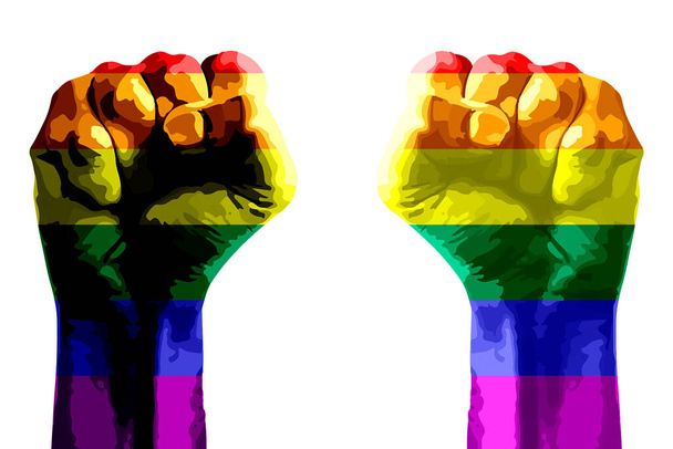 Концепция гордости. Мультикультурные кулаки, поднятые под флагом lgbt, требуют свободы и равенства на белом фоне
. - Фото, изображение