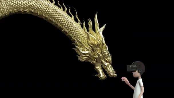 3D animasyon. Adam sanal gerçeklik takıyor ve altın rengi Çinli ejderhaya dokunuyor. Buna alfa katmanı da dahil.. - Video, Çekim