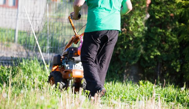 Professional lawn mower cutting grass - Foto, afbeelding