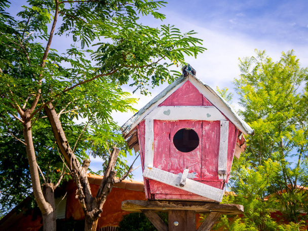 červená Dřevěný ptačí dům v zahradě a stromu - Fotografie, Obrázek