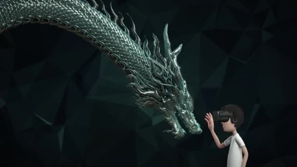Animación 3D el hombre usa gafas de realidad virtual y toque dragón chino marco de alambre digital color verde y fondo digital incluyen capa alfa
. - Imágenes, Vídeo