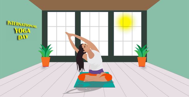 Día Internacional del Yoga 21 junio vector ilustración una niña meditando en una ilustración vectorial temprano en la mañana
 - Vector, Imagen