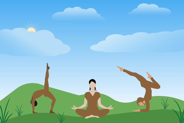 Journée internationale du Yoga 21 Juin illustration vectorielle un thème personnes faisant du yoga dans une région montagneuse
 - Vecteur, image