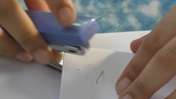 A women is stapling the papers with stapler with process. - Кадри, відео