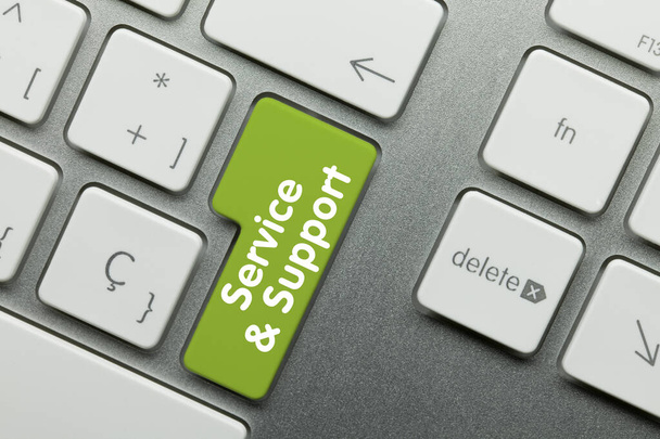 Service & Support Geschrieben auf Green Key der metallischen Tastatur. Tastendruck. - Foto, Bild