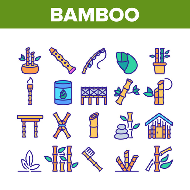 Bamboo Nature Plant Collection Icons Set Vector. Materiale di bambù Casa e ponte, canna da pesca e flauto, spazzolino da denti e illustrazioni a colori tavolo - Vettoriali, immagini