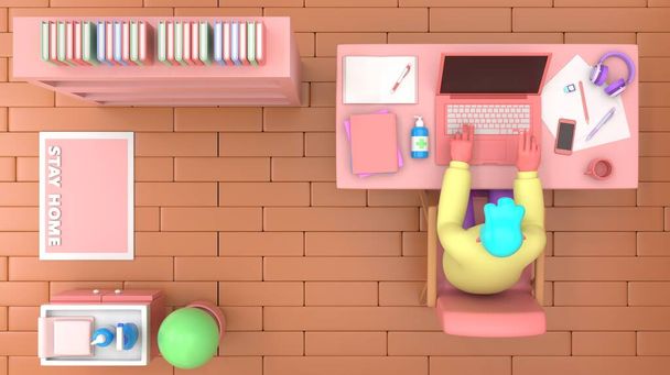 3d render man with laptop sitting on the chair using laptop for online work or learning education while quarantine from coronavirus covid-19.Freelance or studying concept. Cute 3d illustration. - Photo, Image