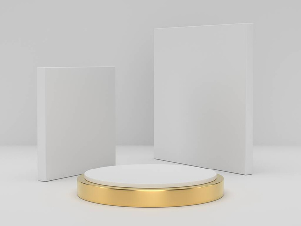 3D renderowanie biały złoty postument podium na wyraźnie tle, abstrakcyjny minimalny podium puste miejsce dla kosmetyki kosmetycznej, Czysty design minimalistyczny makieta scena okrągły filar stojak sceny - Zdjęcie, obraz
