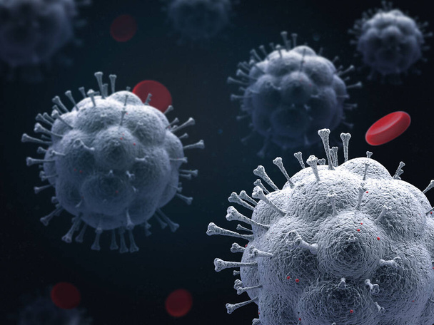 Chiński koronawirus COVID-19 pod mikroskopem, Coronavirus Covid-19 ognisko grypy tła.Pandemiczna koncepcja zagrożenia zdrowia medycznego z komórek choroby, 3d ilustracja - Zdjęcie, obraz