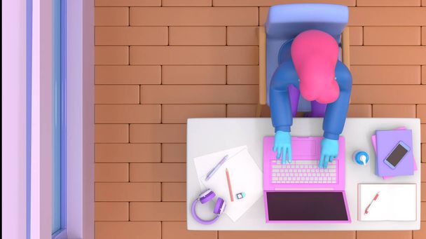 3D візуалізація дівчини з ноутбуком, що сидить на стільці, використовуючи ноутбук для онлайн-роботи або навчання в той час як карантин з коронавірусу ковід-19. Милий стиль 3d ілюстрації
. - Фото, зображення