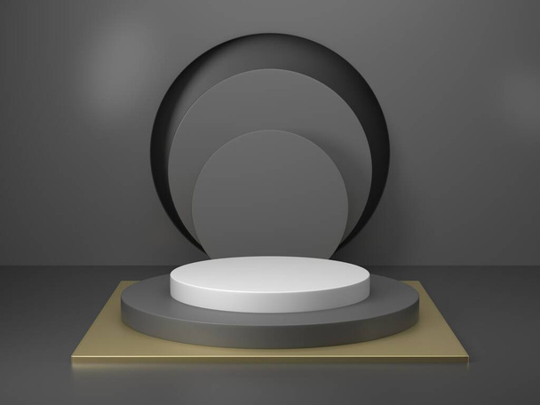 3D-s renderelés fekete dobogó geometria arany elemekkel. Absztrakt geometrikus alakú üres dobogó. Minimális jelenet négyzet lépcső padló elvont kompozíció - Fotó, kép