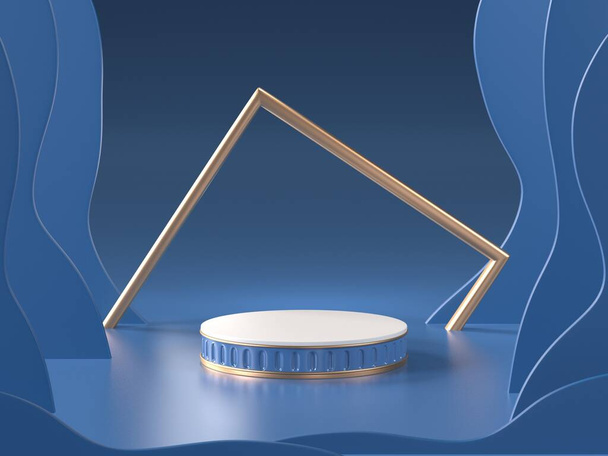 3D背景抽象的な青の色の幾何学的な形状の表彰台の背景の画像をレンダリング,化粧品の表彰台のディスプレイやショーケースのための現代的なミニマリストのモックアップ.カラーパントン2020. - 写真・画像