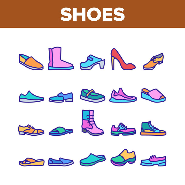 Ayakkabı Mağazası Toplama Simgeleri Ayarlama Vektörü. Farklı Ayakkabılar Sneaker ve Moccasin, Terlikler ve Çizmeler, Ayak Parmakları ve Makosen Renk Çizmeleri - Vektör, Görsel